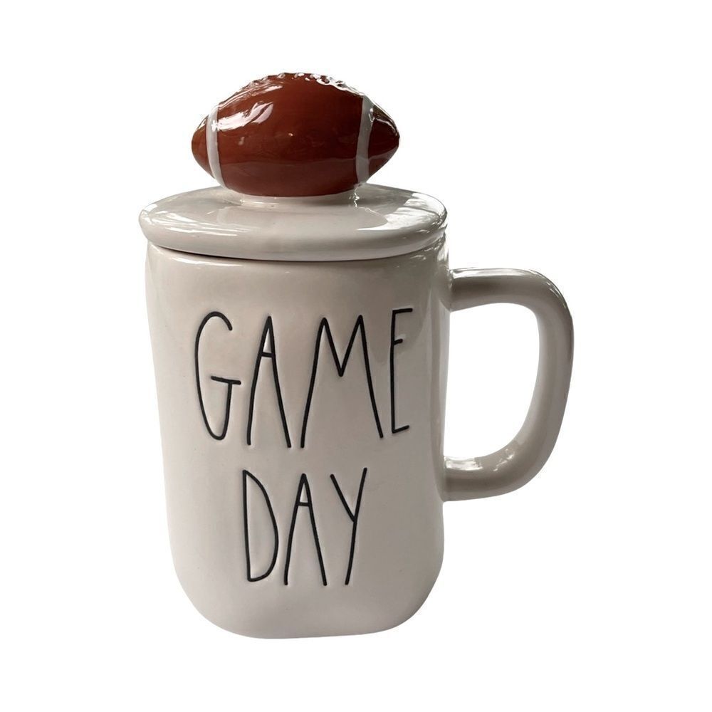 Rae Dunn GAME DAY Mug w/Football Topper White Ceramic